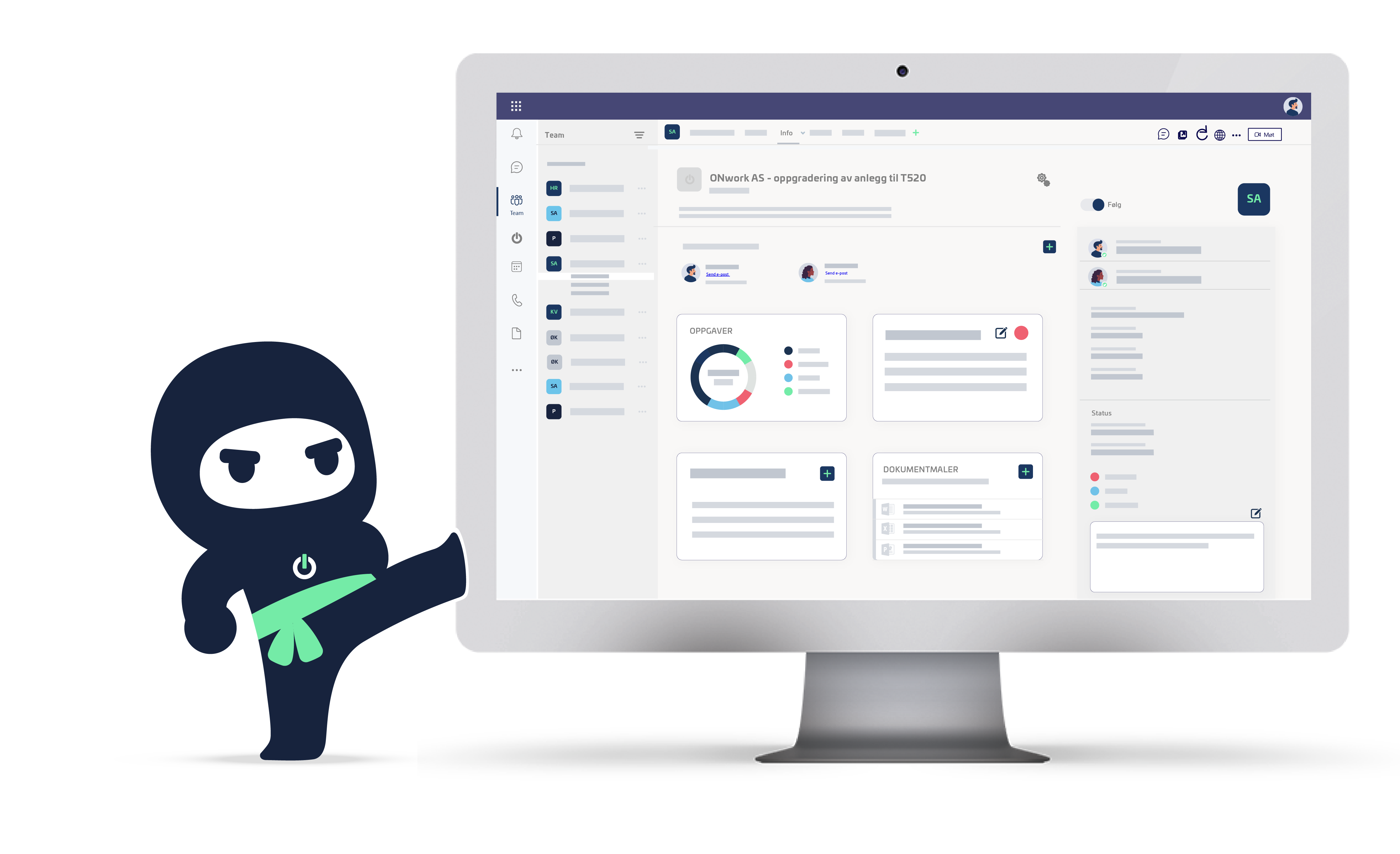 Illustrasjon av ONwork-ninjaen ved siden av en dataskjerm som viser prosjektstyringsverktøyet i Microsoft Teams
