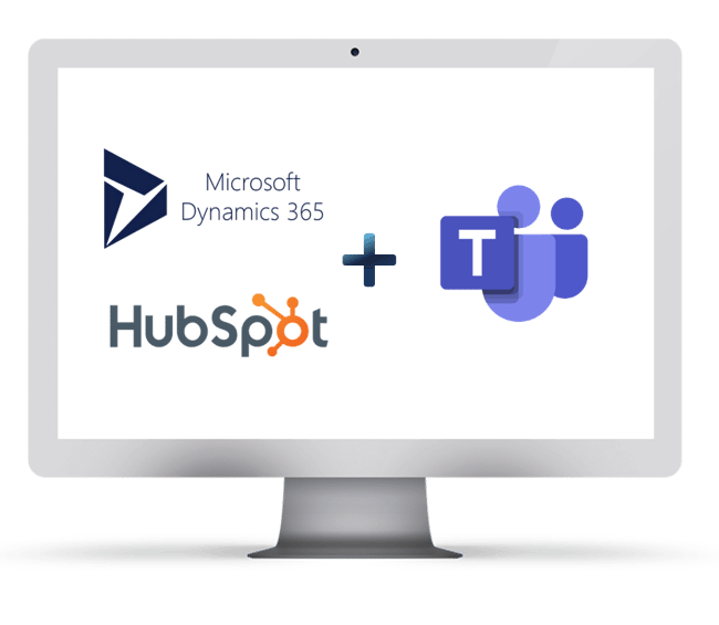 An illustrated computer screen with logos of Microsoft Dynamic 365, HubSpot and Teams to illustrate integration between Microsoft Teams and other systems. 