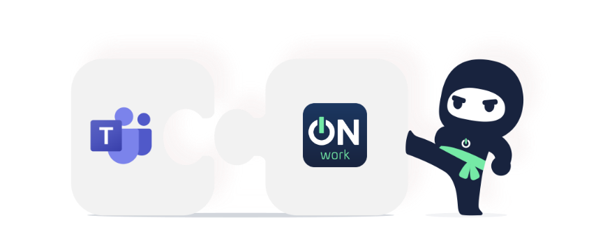 Illustrasjon av ONwork som en sømløs integrasjon med Microsoft Teams, representert som to puslespillbrikker som passer sammen, med en ONwork-ninja som symboliserer effektivitet og kontroll. Illustrasjon av ONwork som en sømløs integrasjon med Microsoft Teams, representert som to puslespillbrikker som passer sammen, med en ONwork-ninja som symboliserer effektivitet og kontroll.