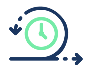 Illustrasjon av en grønn klokke med en mørkeblå pil rundt og en annen pil under