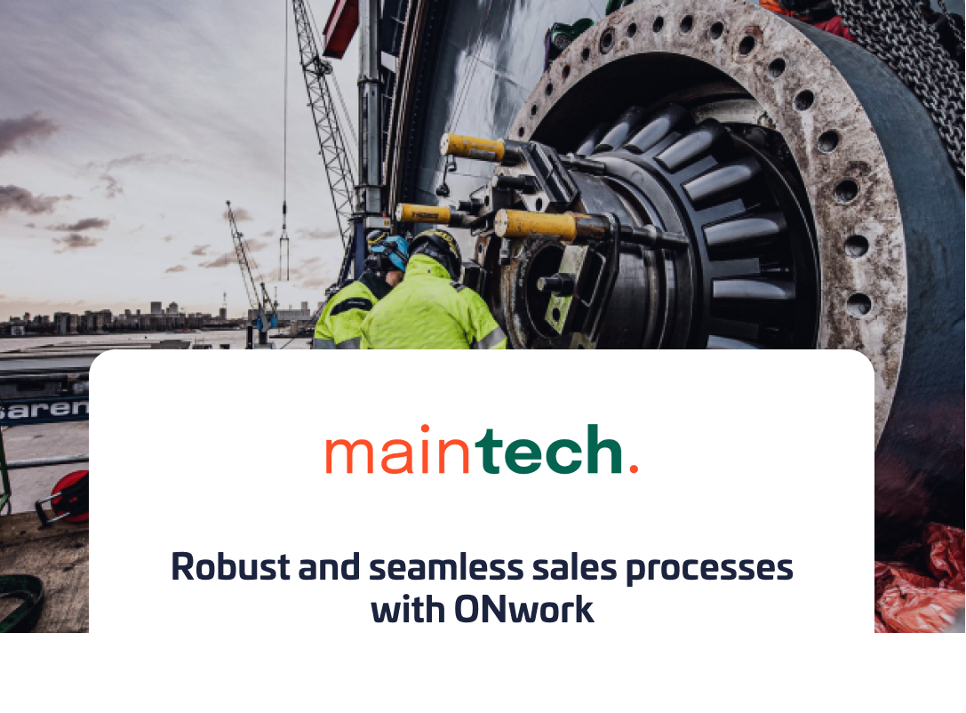 An industrial setting featuring engineers in high-visibility jackets working on a large mechanical component. The Maintech logo is prominently displayed with the tagline "Robust and seamless sales processes with ONwork", highlighting how ONwork enhances sales workflows and operational efficiency in technical industries. An industrial setting featuring engineers in high-visibility jackets working on a large mechanical component. The Maintech logo is prominently displayed with the tagline "Robust and seamless sales processes with ONwork", highlighting how ONwork enhances sales workflows and operational efficiency in technical industries.