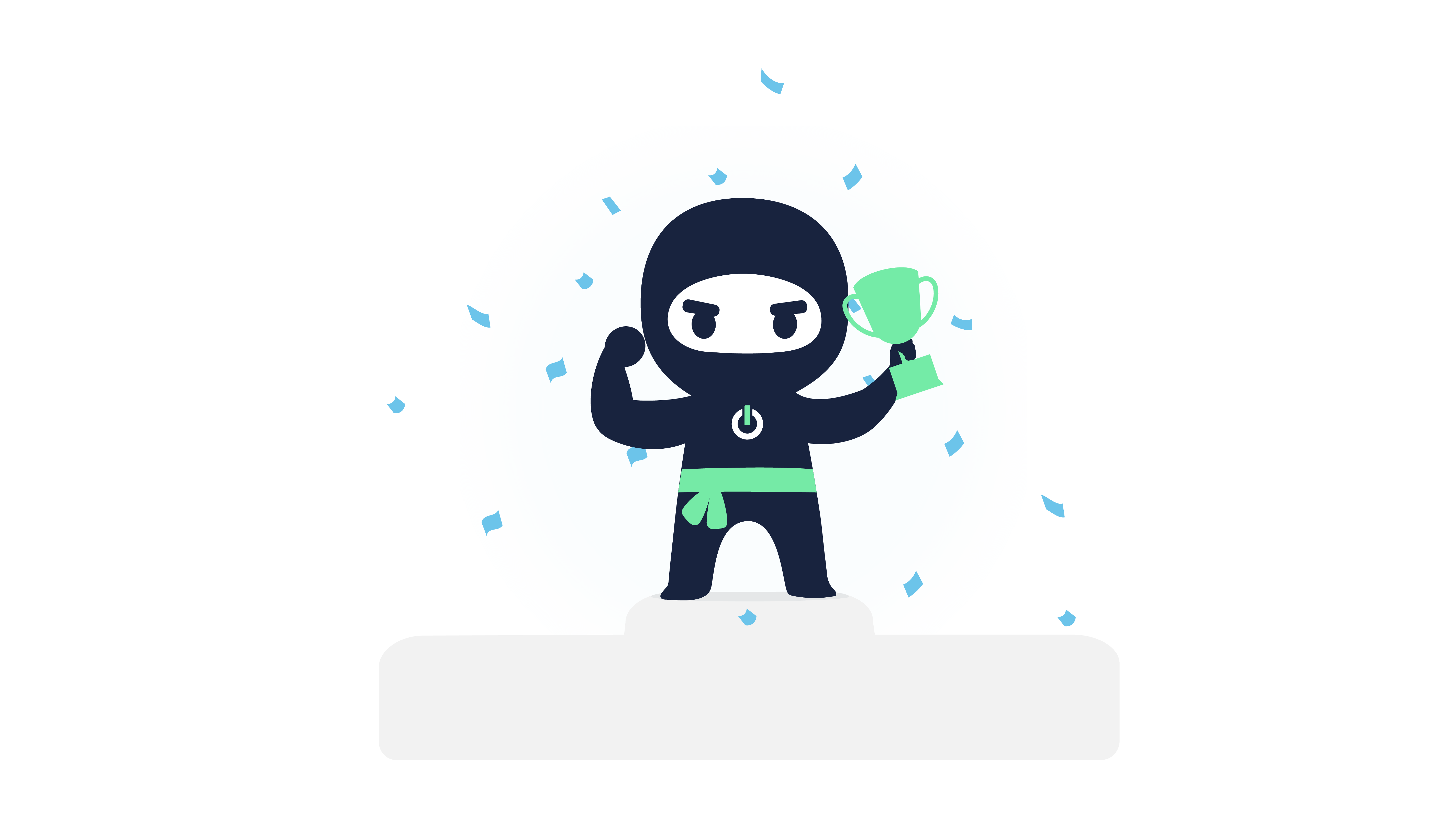 An illustrated ninja holding a trophy and standing on a podium